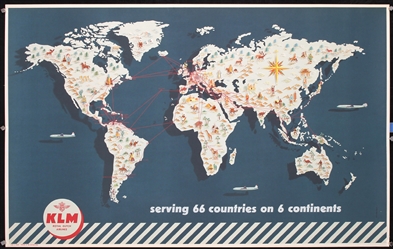 KLM - serving 66 countries on 6 continents (Map Poster) by  J.F. van der Leeuw, ca. 1955
