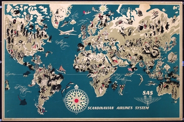 Scandinavian Airlines System (Map) by Otto Nielsen, ca. 1950