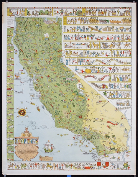 California - Whimsical Carte (Map Poster) by Joseph Jacinto Mora, 1927