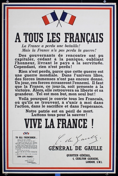 A Tous Les Francais - Vive la France (General de Gaulle) by Anonymous - France, 1940